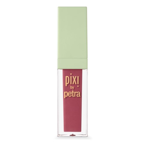 En läppstift med ett ljusgrönt lock och en rosa- till röd kropp, märkt "pix! by petra."
