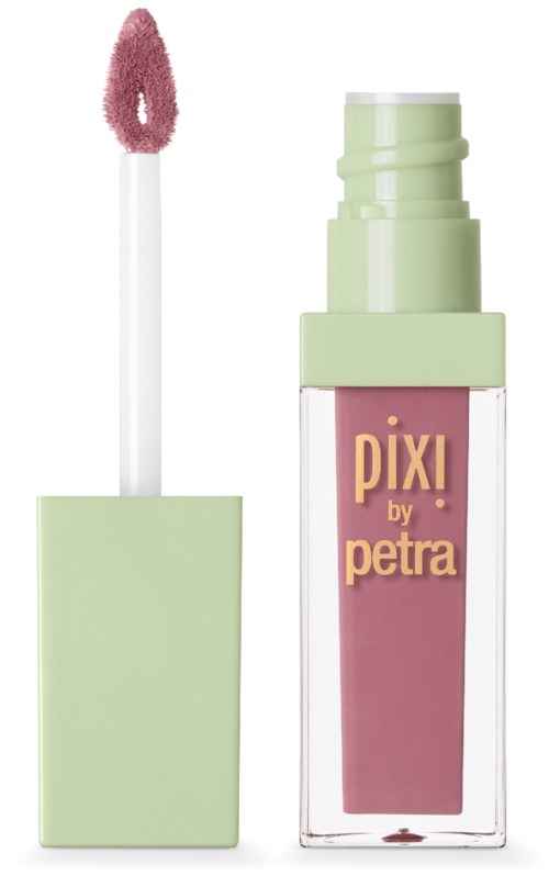 Läppglansrör med en rosa applikatorstång, märkt 'pixi by petra' i rosa och guld färger.