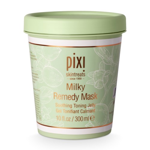 En grön burk med Pixi Milky Remedy Mask, en lugnande gel med citrus och äpple för hudvård.