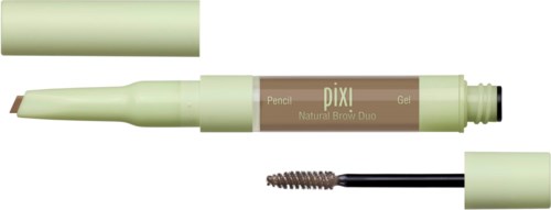 Płynny żel do brwi z brązowym kolorem i szczoteczką, oznaczony 'DIXI Natural Brow Duo' i 'Gel'.