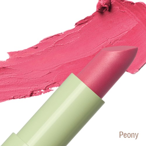En rosa läppstift med ett rosa stänk bakom. Färgen heter 'Peony'.