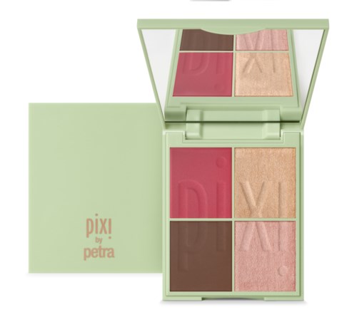 En makeuppalette med pink, beige, brun og rouge farver i et grønt låg. Inkluderer et spejl inde i låget.