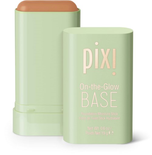Et mintgrønt sminkestift-tilfelle med brun lokk, merket "PIX! On-the-Glow BASE."
