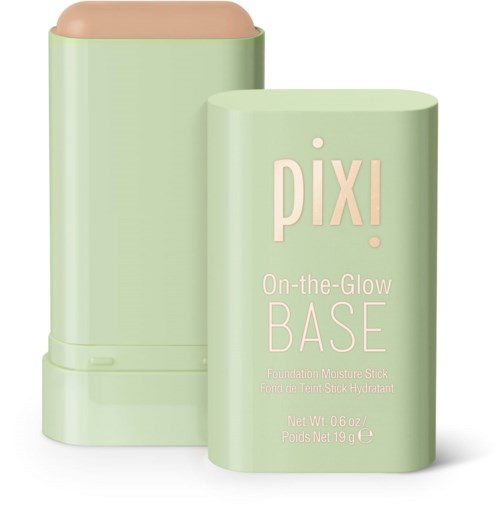 En mintgrønn stav med beige lokk, merket "PIX! On-the-Glow BASE," for grunnlagsløsning.
