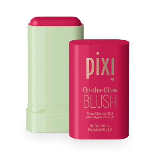 Różowy i zielony pojemnik na kosmetyki, oznaczony 'Pixi On-the-Glow Blush'.