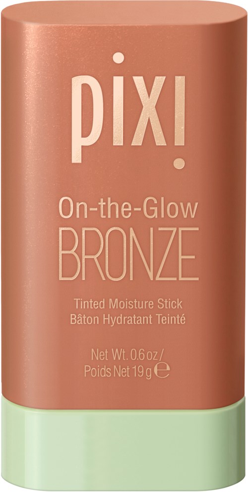 En bronssticka i ett rosa-korallig rör med mintgrön botten, märkt 'Pixi On-the-Glow BRONZE' för tonad fukt.
