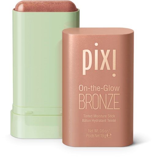 En rosa sminkstav märkt 'Pixi On-the-Glow Bronze' med ett grönt lock bredvid.