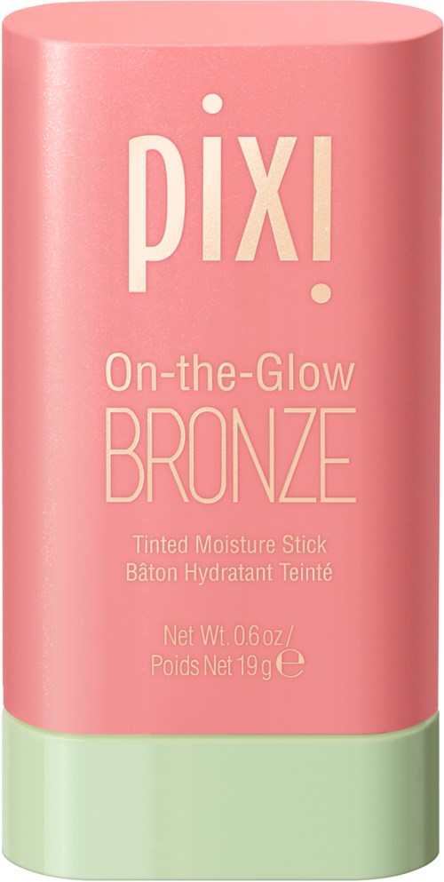 Różowa i zielona opakowanie bronzingowego kremu w sztyfcie, oznaczona 'Pixi On-the-Glow Bronze'.