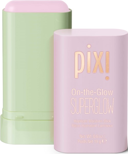 Różowa i zielona szpilka z etykietą Pixi Superglow highlight moisture stick.