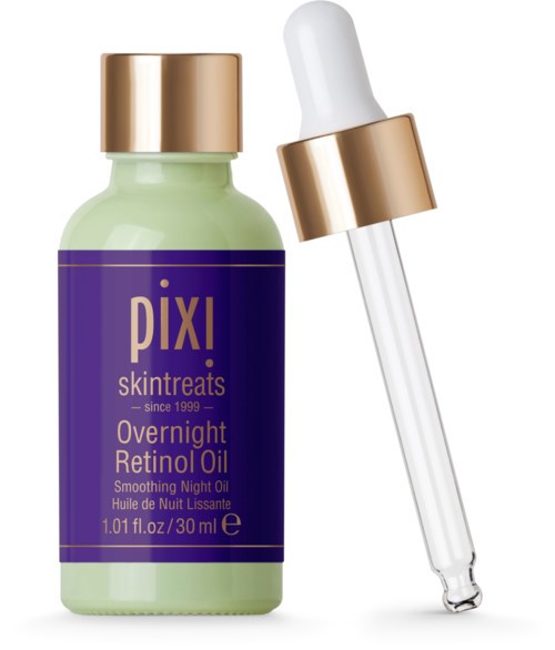 A green bottle with a purple label and gold cap, along with a dropper for skincare product.