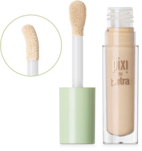 Flüssiger Concealer in einer transparenten Flasche mit weißem Deckel und Schwämmchen-Applikator.
