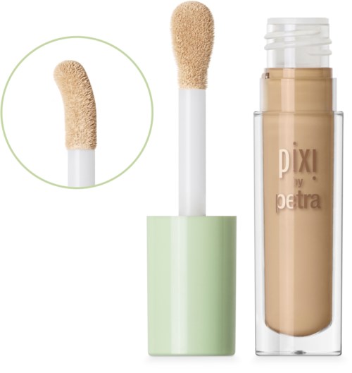 Ein flüssiger Foundations-Tropf mit Schwamm-Applikator und Nahaufnahme der Schwammpitze.