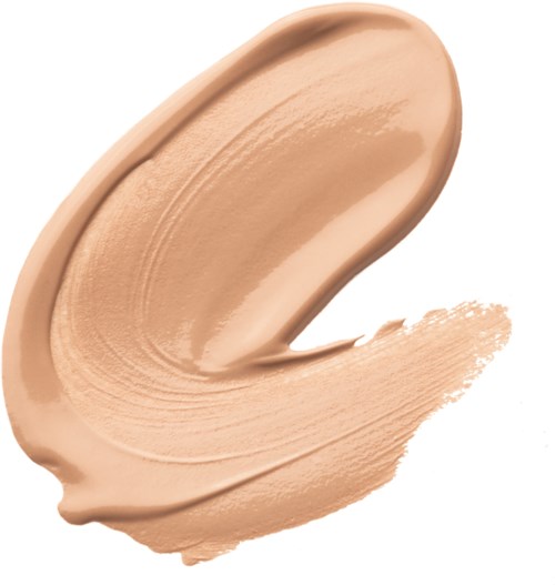 Eine beige Creme oder Foundation, aufgetragen mit einem Pinsel. Sie hat eine glatte, cremige Textur und eine gebogene Form.