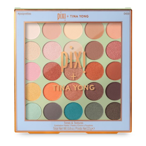 Colorful eyeshadow palette with shades of pink, orange, green, blue, and brown, labeled 'Pixi + Tina Yong.'