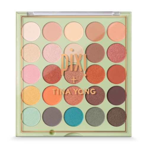 An eyeshadow palette with 20 different colors, arranged in four rows. The palette has a clear cover and the brand name is on it.