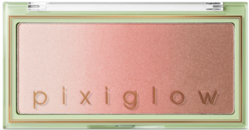 En makeup-palett med rosa och bruna skuggor, med ordet 'pixiglow' i guld.