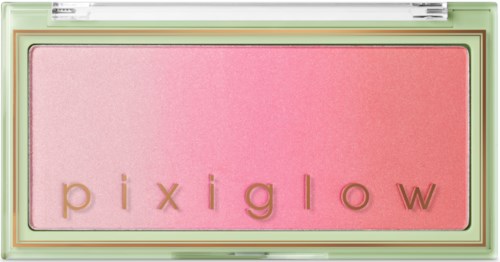 En rosa makeup-rouge med mærket 'pixiglow' i guldbogstaver.