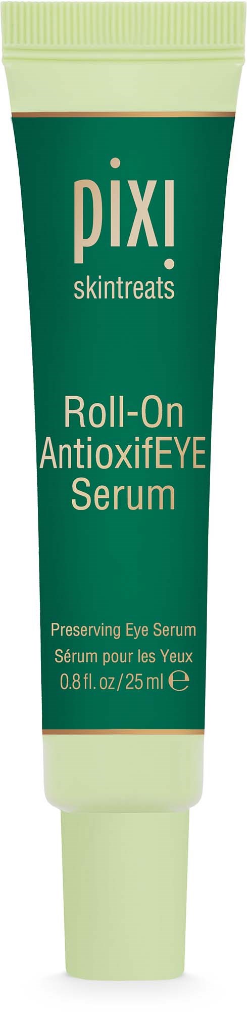 En tube med Pixi hudpleie roll-on øyeserum med etikett i grønne toner. Den er laget for øyepleie.