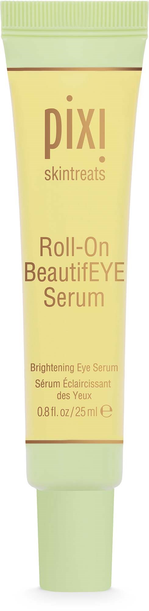 En tube med Pixi hudpleie for opplysende øye serum, med grønt og gult og lokk som vris av.