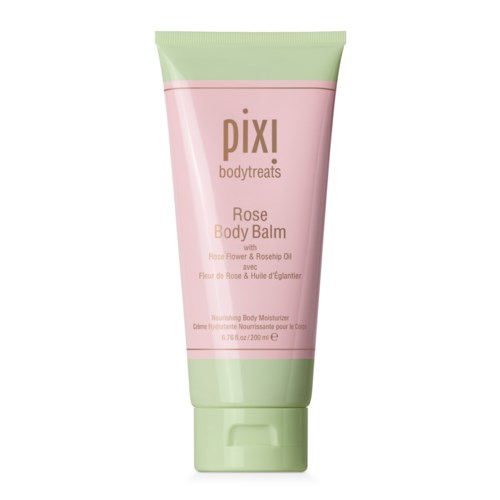Lyserød og grøn tube af Pixi Rose Body Balm med rose, blomst og hybenolie til fugtgivende hud.