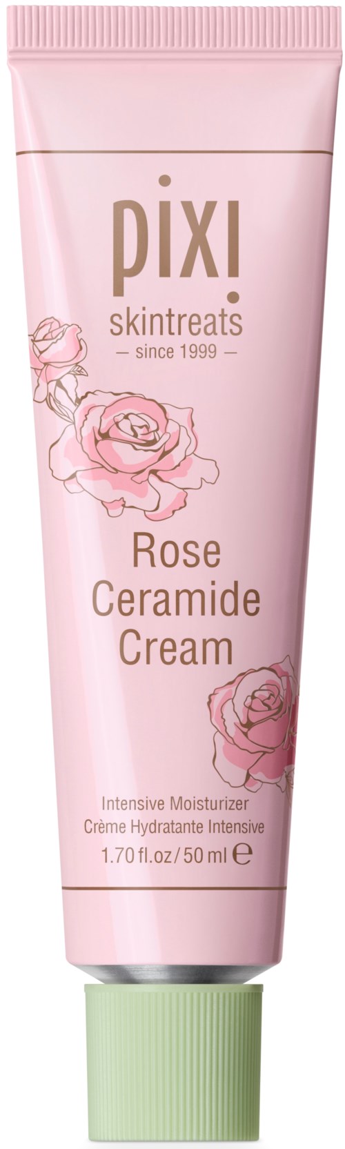 Pink tube of rosé-colored cream with rose illustrations and matching cap.