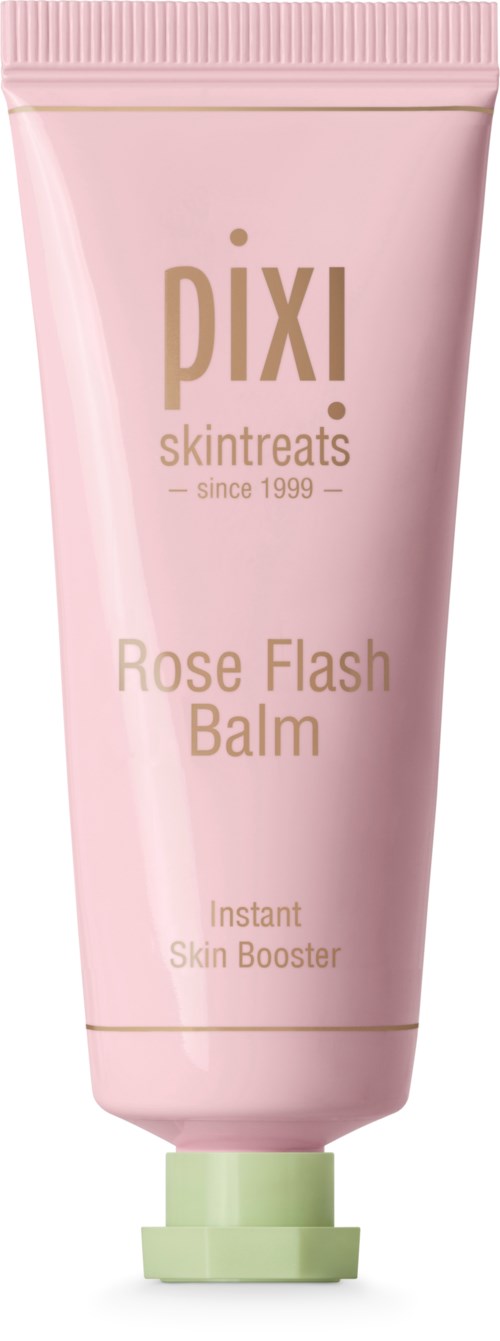 Pink tube av Pixi Rose Flash Balm med grön kork, varumärkesnamn och produktdetaljer i guldig text.