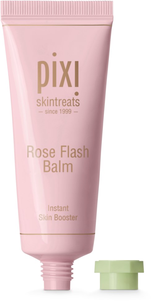 En rosa tub märkt 'Pixi Rose Flash Balm' med en liten grön behållare bredvid.
