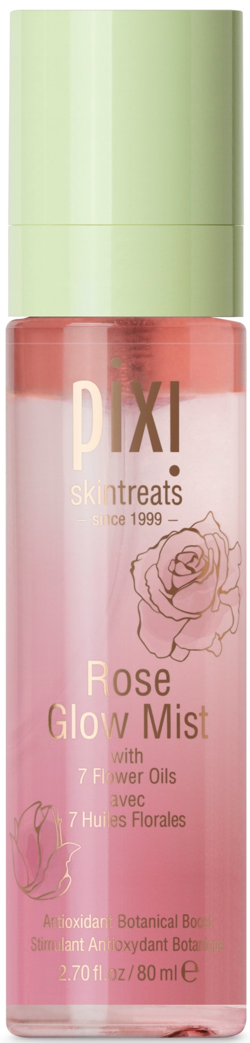 Vaaleanpunainen suihkepullo, jossa on vihreä korkki ja teksti 'Pixi Rose Glow Mist' sisältää ruusuvesiä ja kukka-aineita.