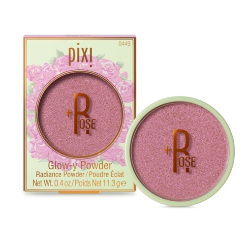 Rosa glowpuder i rund behållare med blomsterdesign och boxetikett med texten 'Pixi Rose Glow w Powder'.