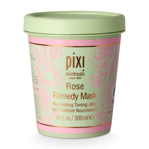  Rosa og grønn beholder av Rose Remedy Mask med rosemønster, merkenavn PIX! og produktdetaljer.