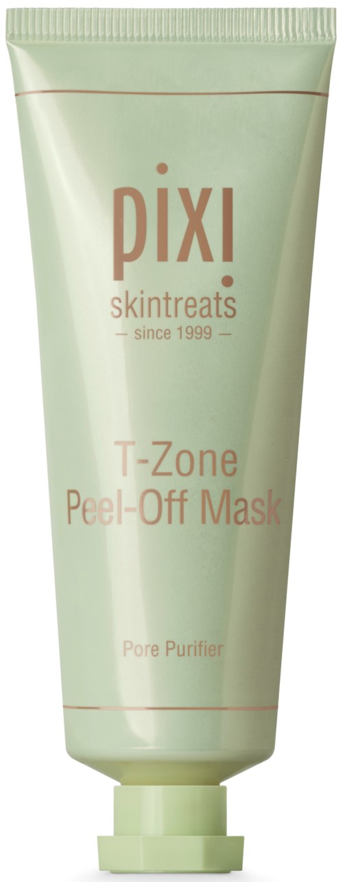 En grön tub med Pixi T-Zone Peel-Off Mask för porrengöring, med rosa och brunt text på.
