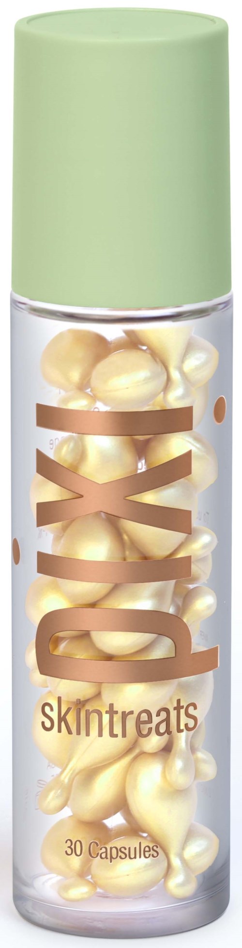 A clear bottle with gold capsules inside, labeled "Doxy Skin Treats" and a green cap.