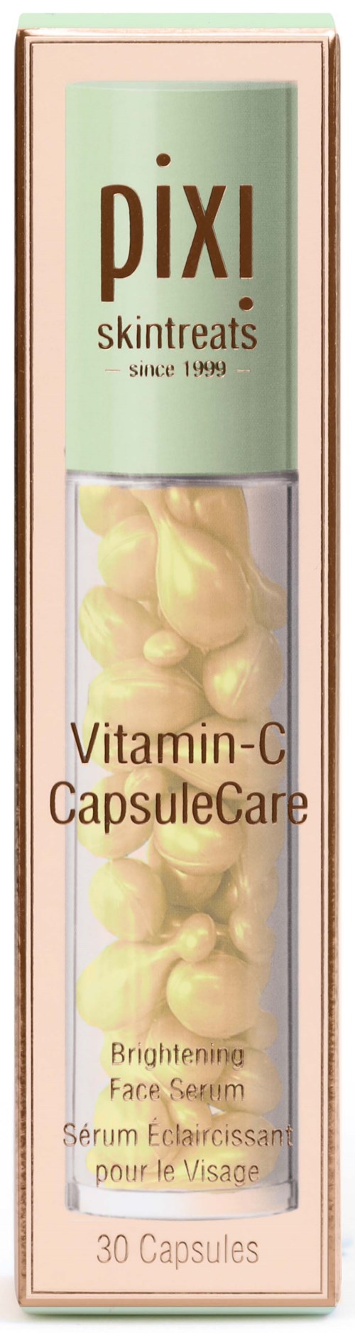 A box of Pixi Skintreats Vitamin-C CapsuleCare for brightening the face, containing 30 capsules with yellow-colored capsules inside.