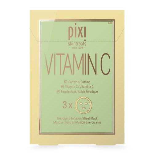 Et grønt ansiktsmaskesett med vitamin C, koffein og ferulinsyre, merket som energigivende og for ansiktet.