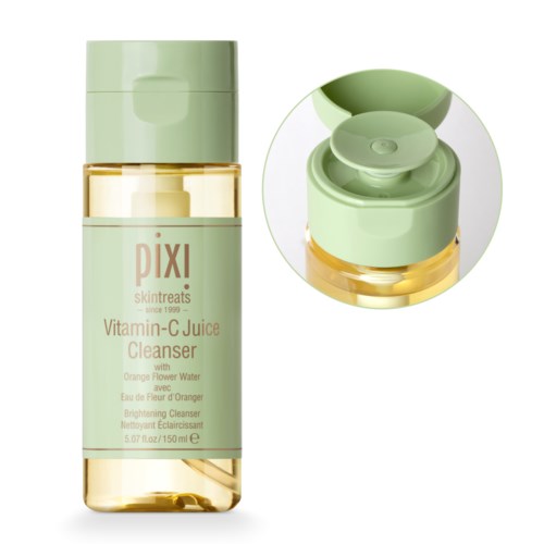 En liten flaske PIXI Vitamin-C Juice Cleanser med lysegrønn kork og gjennomsiktig kropp.