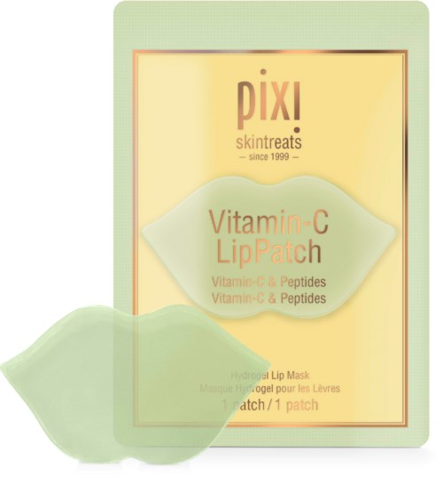 Et hudpleieprodukt kalt Vitamin-C Lip Patch fra Pixi, i gul emballasje, har en leppekledd pakke.