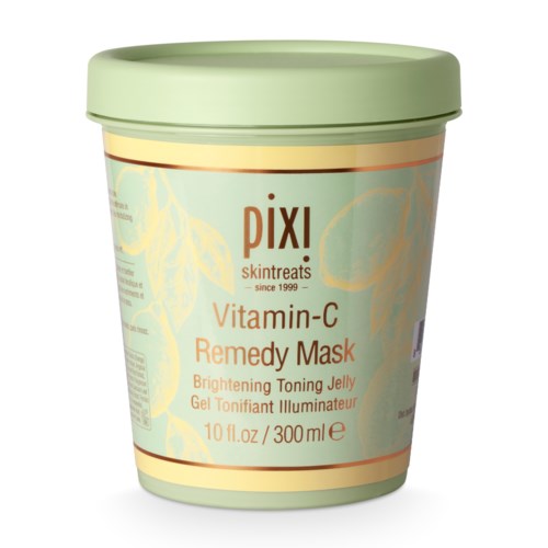 En grön burk med PIXI Vitamin-C Remedy Mask med lystergivande och tonande gel.