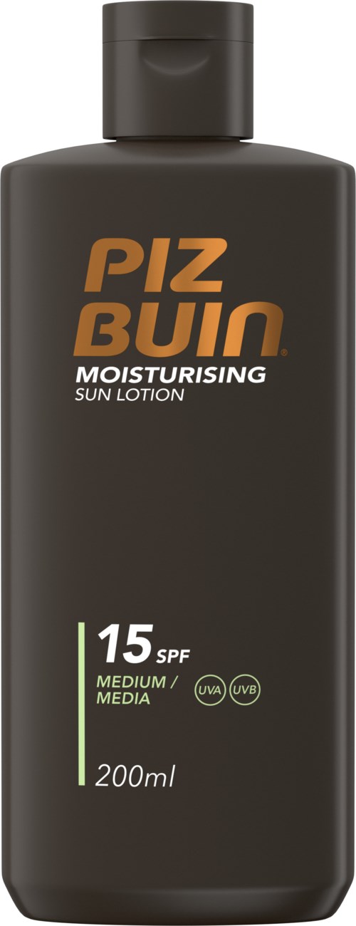 Mörkgrå flaska med orange och vitt text, märkt PIZ BUIN, innehåller solkräm med SPF 15.