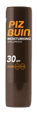 En cylindrisk solkrämflaska märkt Piz Buin, med SPF 30 och återfuktande, i svart och orange design.