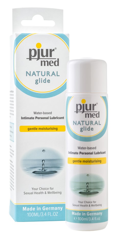 A bottle and box of Pjur med Natural Glide, a water-based lubricant for intimacy, made in Germany. Bright and simple design.
