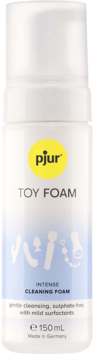 Weiße Flasche mit gelbem pjur-Logo und blauer Beschriftung, genannt Toy Foam, milder Reinigungschaum mit milden Tensiden.