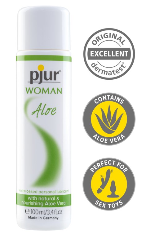 A white container labeled 'pjur WOMAN Aloe' with icons for being natural, effective, and for sex toys.