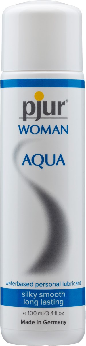 A white spray can with blue and yellow labels, indicating it's a water-based personal lubricant called Pjur Aqua.