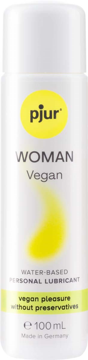 A white bottle labeled 'pjur WOMAN Vegan' with a yellow dot, indicating water-based personal lubricant. It emphasizes vegan ingredients.