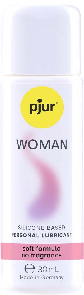 Mała biały butelka z napisem 'pjur WOMAN' z żółtym okręgiem, zawiera środek nawilżający, 30 mL, wyprodukowane w Niemczech.