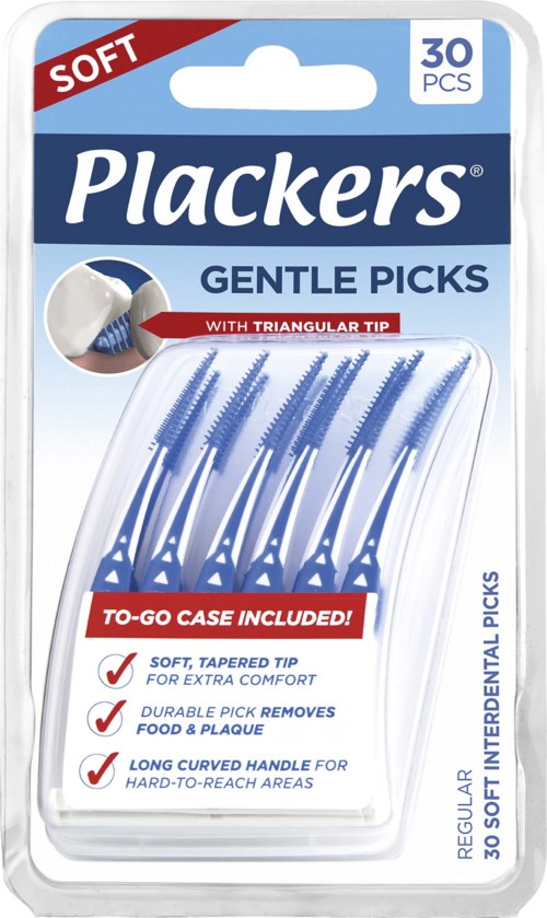 Ett paket med 30 mjuka, avsmalnande tandläkarpicks kallade Plackers, med en triangelspets och lång böjd handtag.
