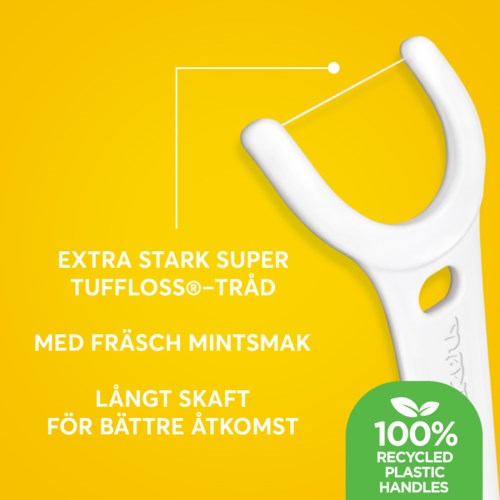 Żółte tło z białym narzędziem dentystycznym, tekst o nici do zębów, etykieta z recyklingu plastiku.