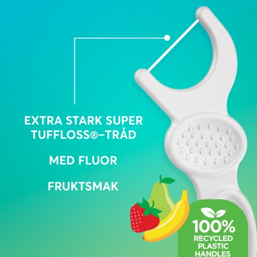 En tandtrådsplocka med grön etikett betonar återvunnen plasthandtag och fruktsmak. Visar tandhygien.