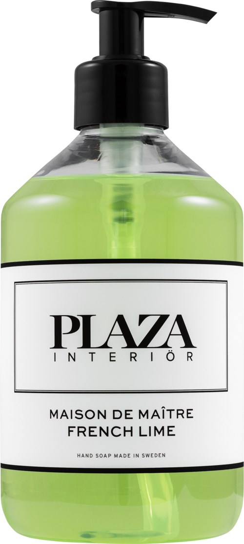 En grøn væske sæbe i en gennemsigtig flaske med pumpe. Etiketten siger 'PLAZA INTERIOR' og 'French Lime.'
