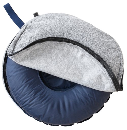 A sleep mask with a cushioned cover, blue interior, and a gray outer layer, designed for resting or travel.